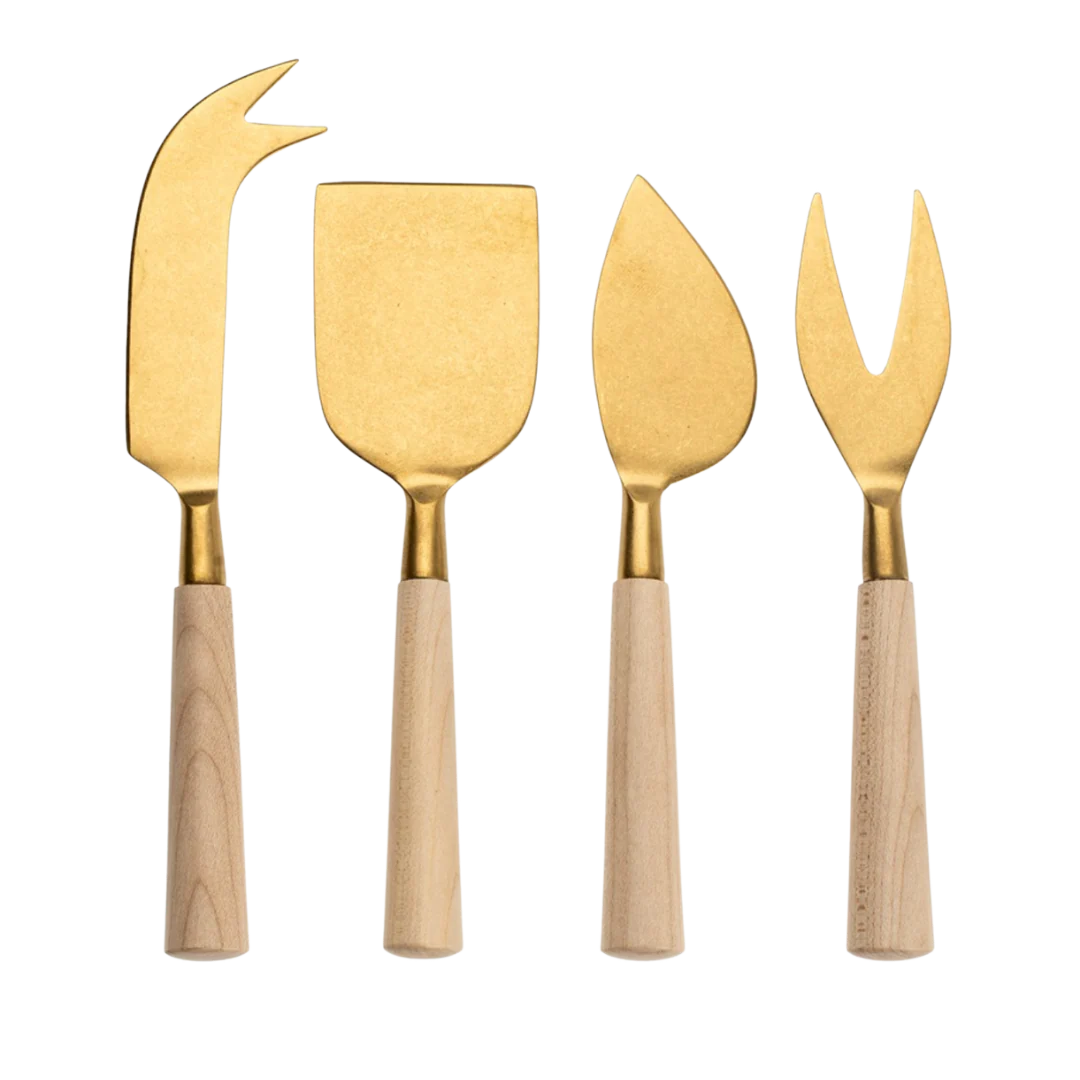Maple Wood Cheese Knives S/4, Tumbled Gold