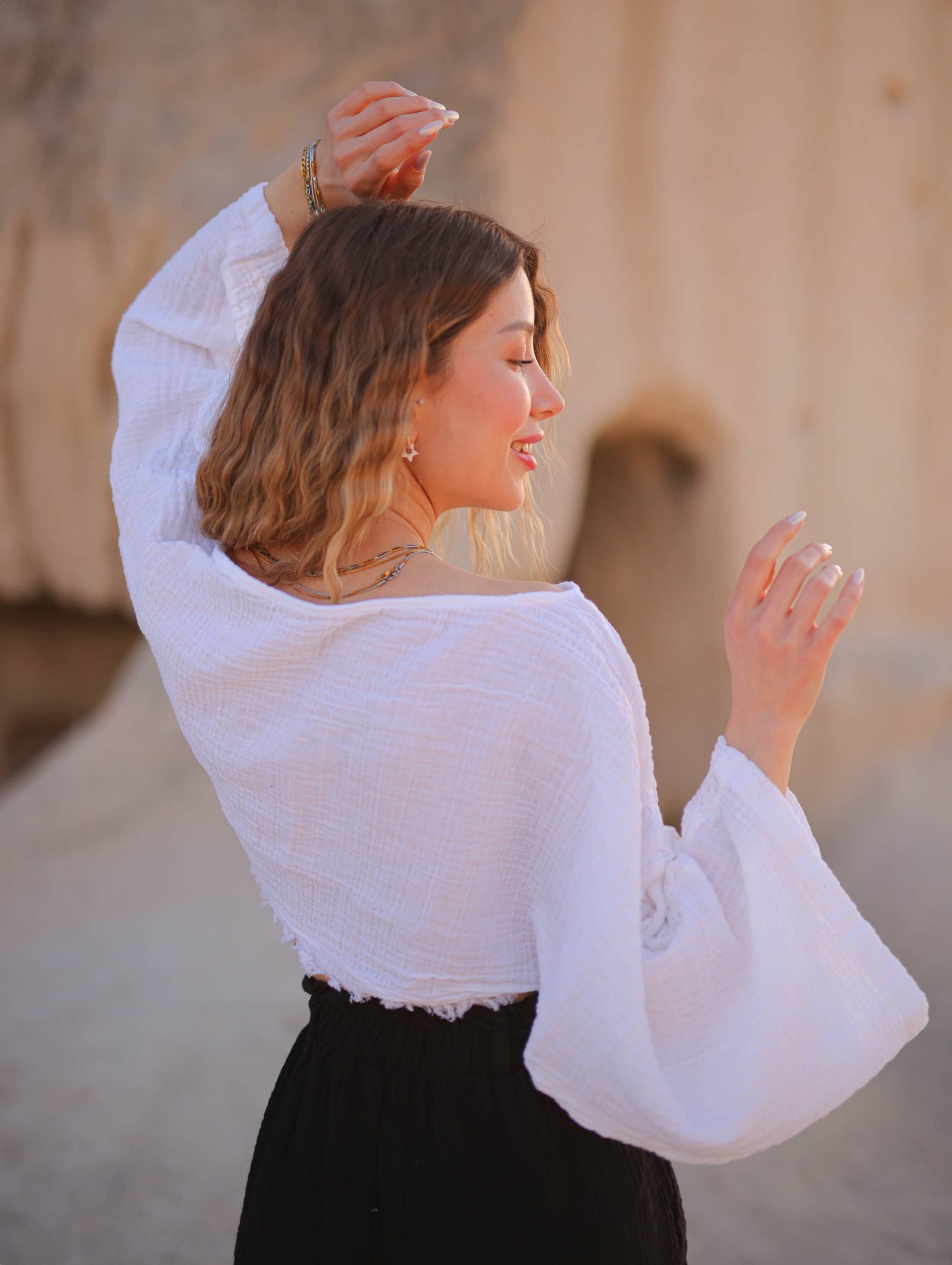 Striped Off Shoulder Double Gauze Crop Top Blouse