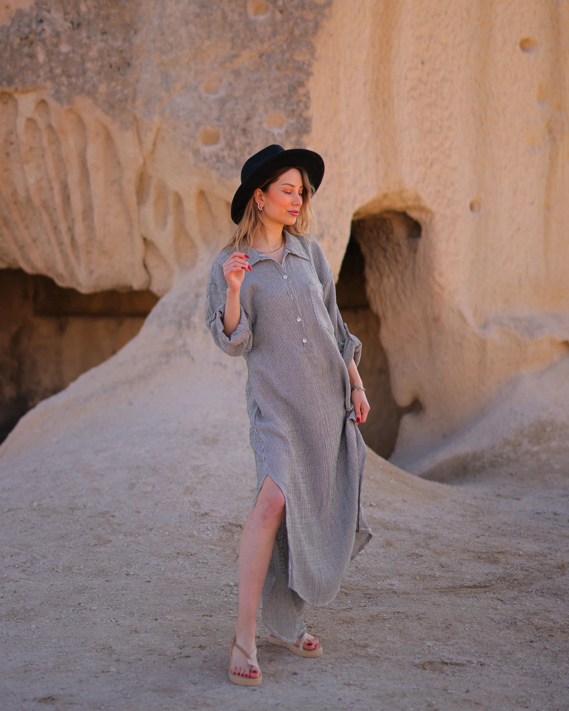 Grey Striped Double Gauze Muslin Cotton Shirt Dress