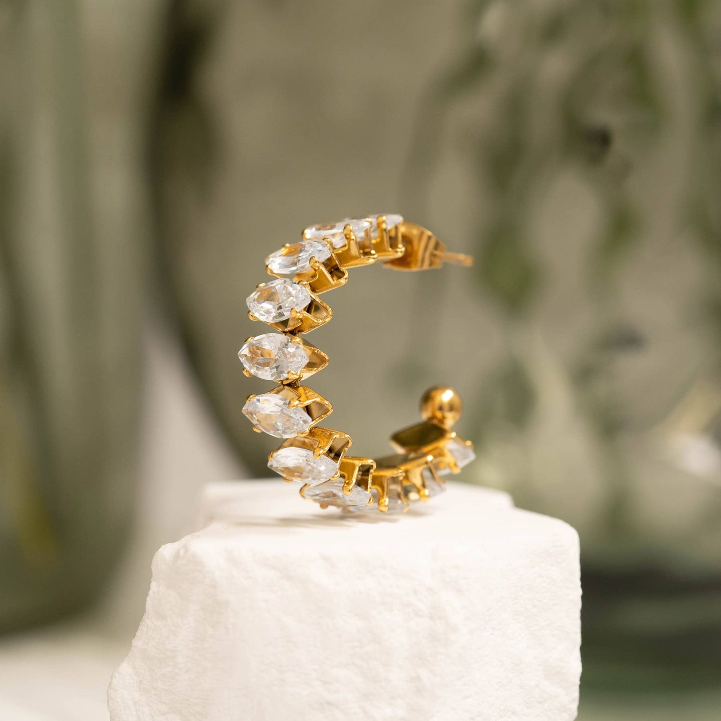 18K Gold PVD Stainless Steel Marquis CZ Stone Hoop Earrings