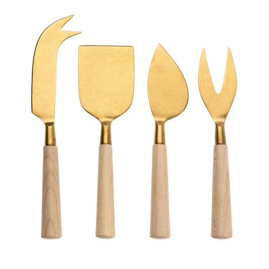 Maple Wood Cheese Knives S/4, Tumbled Gold