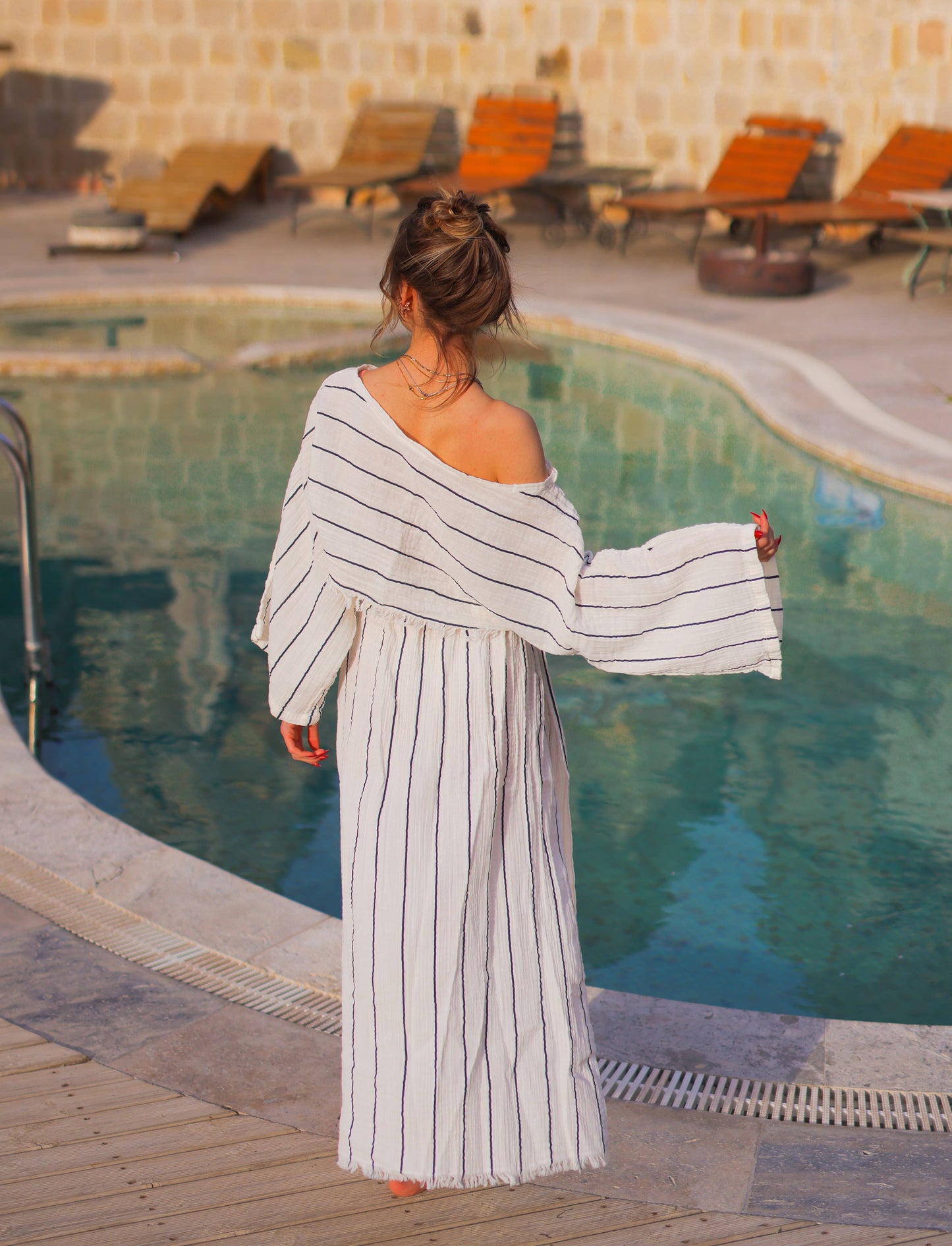 Striped Off Shoulder Double Gauze Crop Top Blouse