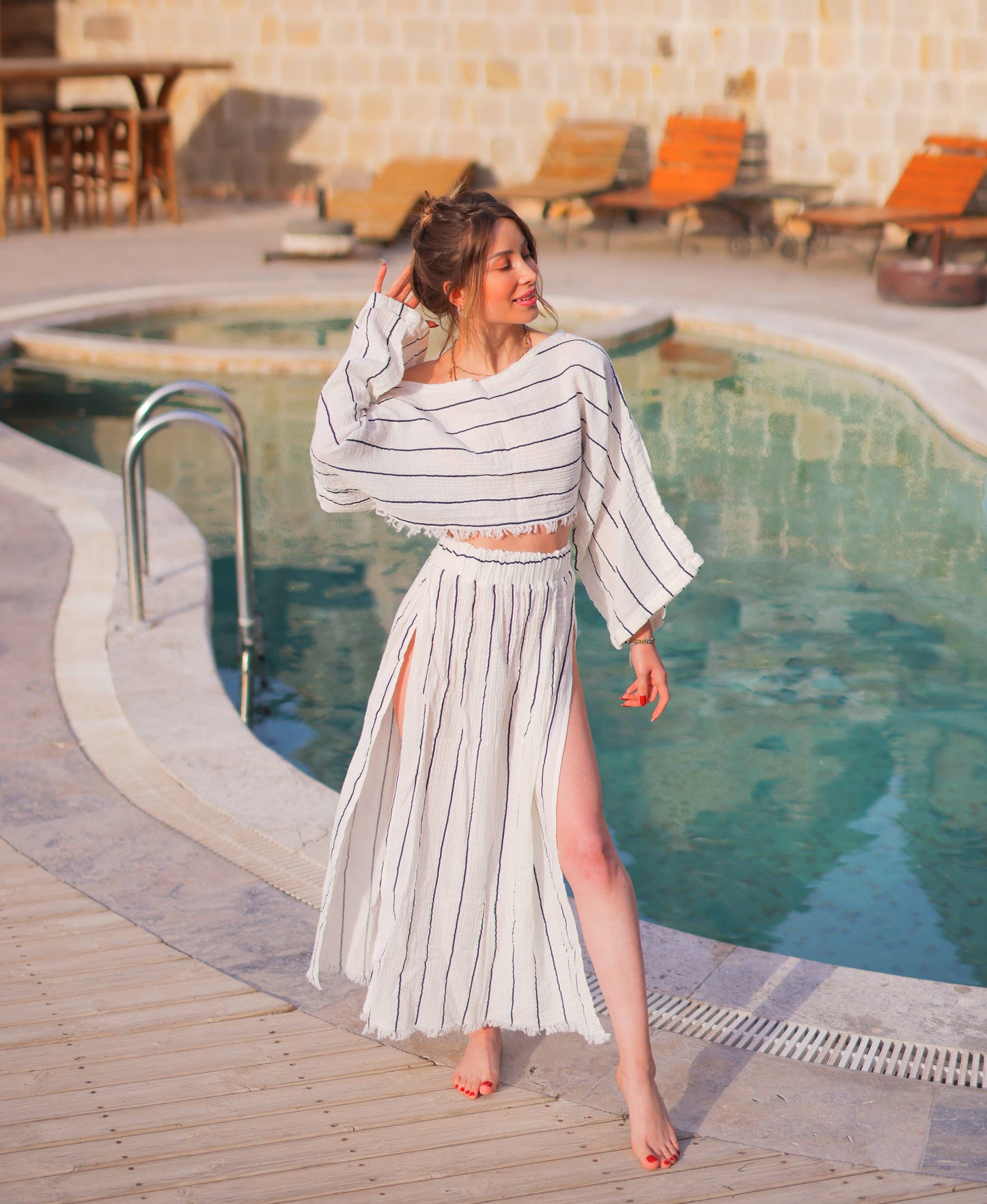Striped Off Shoulder Double Gauze Crop Top Blouse