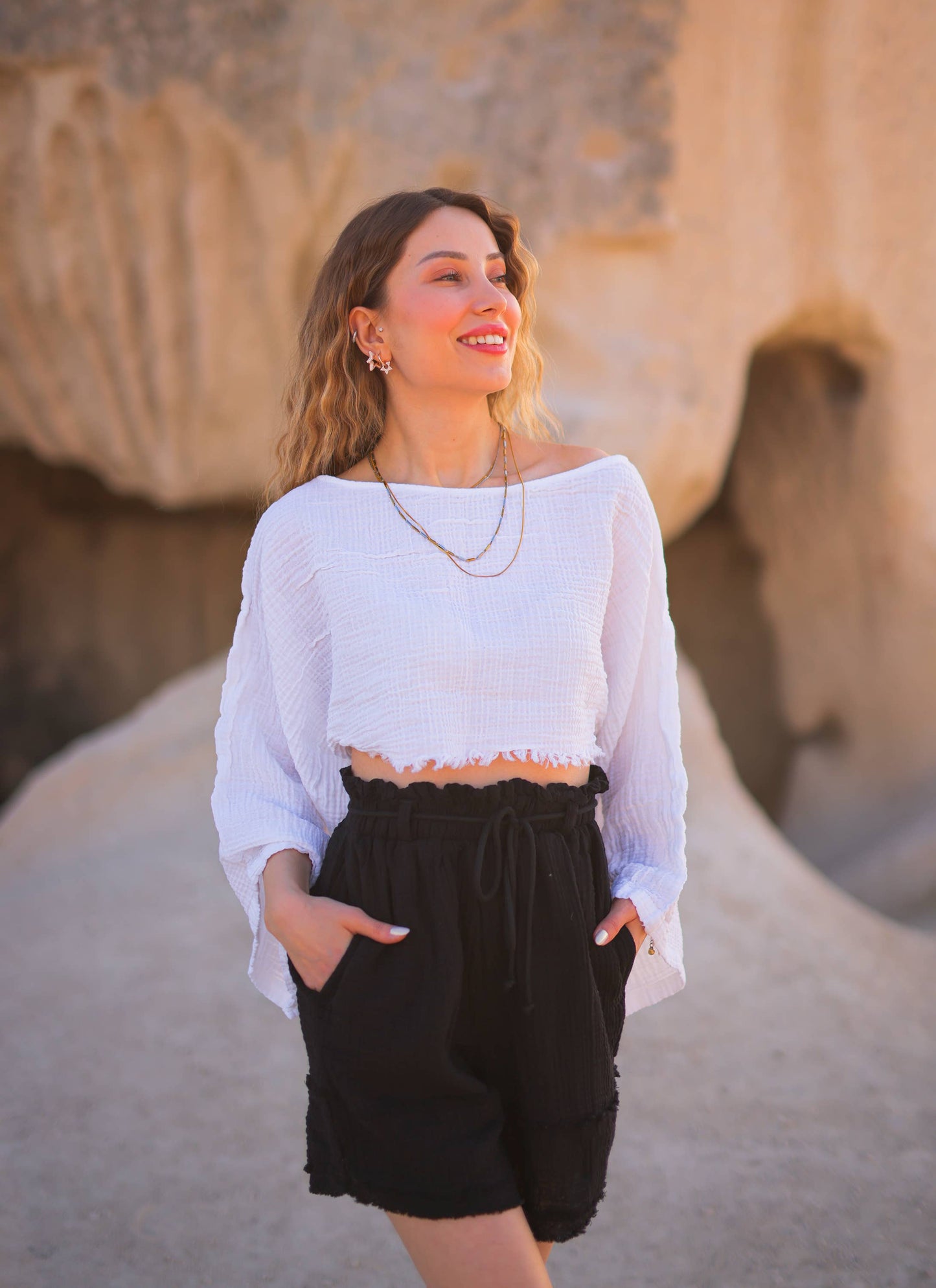 Striped Off Shoulder Double Gauze Crop Top Blouse