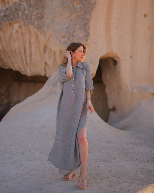 Grey Striped Double Gauze Muslin Cotton Shirt Dress