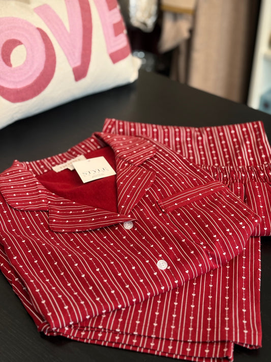 noon: Stretch Cotton Long Pajama Set in Heart Stripe