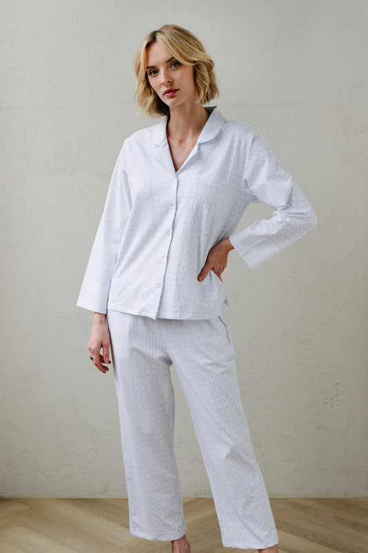noon: Stretch Cotton Long Pajama Set in Heart Stripe