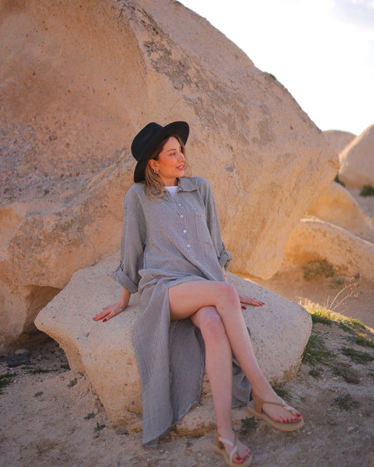 Grey Striped Double Gauze Muslin Cotton Shirt Dress