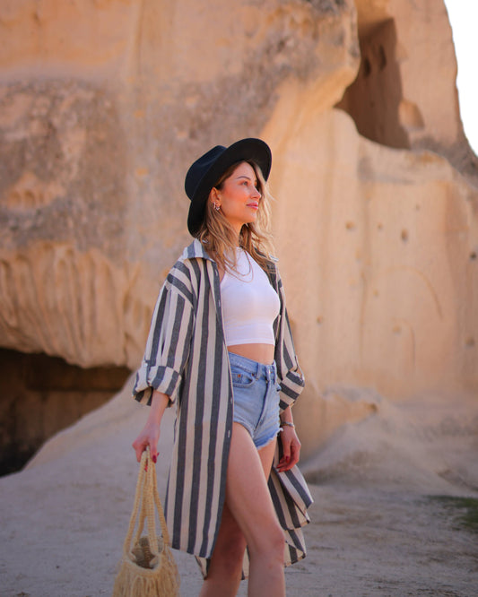 Striped Short Linen Shirt Dress