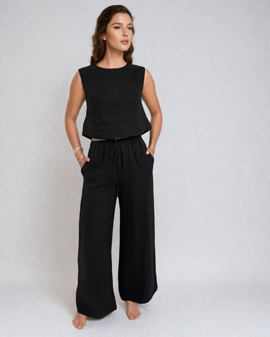 PRIV: Nyra Linen Striaght Leg Pant - Black